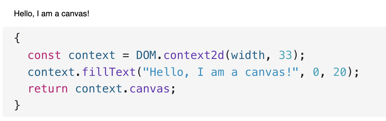 Screenshot with code '{
const context = DOM.context2d(width, 33);
context.fillText('Hello, I am a canvas!', 0, 20);
return context.canvas;
}', returning a small SVG canvas with the text 'Hello, I am a canvas!'